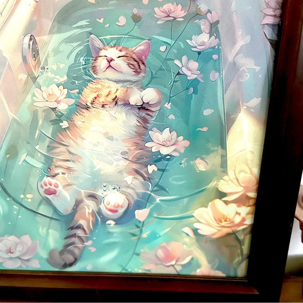Cat Relaxing in the Bath Tub Pink Floral Canvas Art Print Framed Bathroom Art